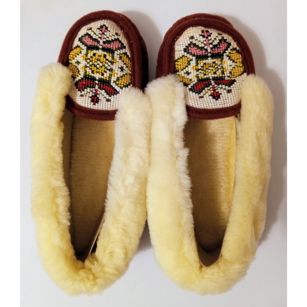 Vintage Japan Cozy Slippers Faux Needlepoint Shearling Cottagecore NWT SZ L